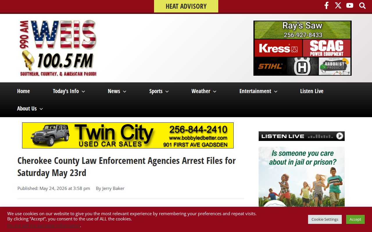 WEIS Radio Cherokee County arrest file sample entry list