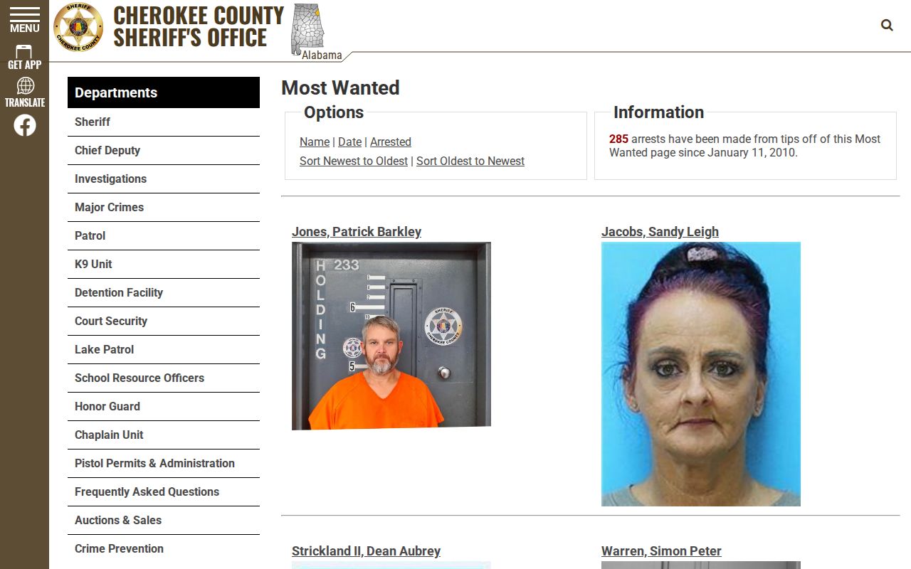 Cherokee County Sheriff Most Wanted list page