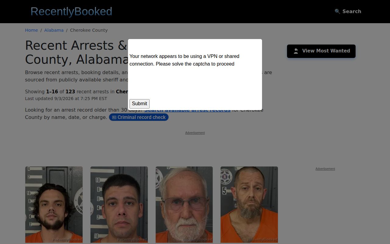 RecentlyBooked Cherokee County third-party arrest listing page