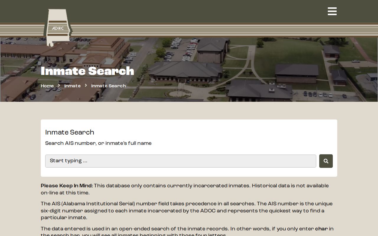 Alabama ADOC inmate search page for Cherokee County state custody lookups