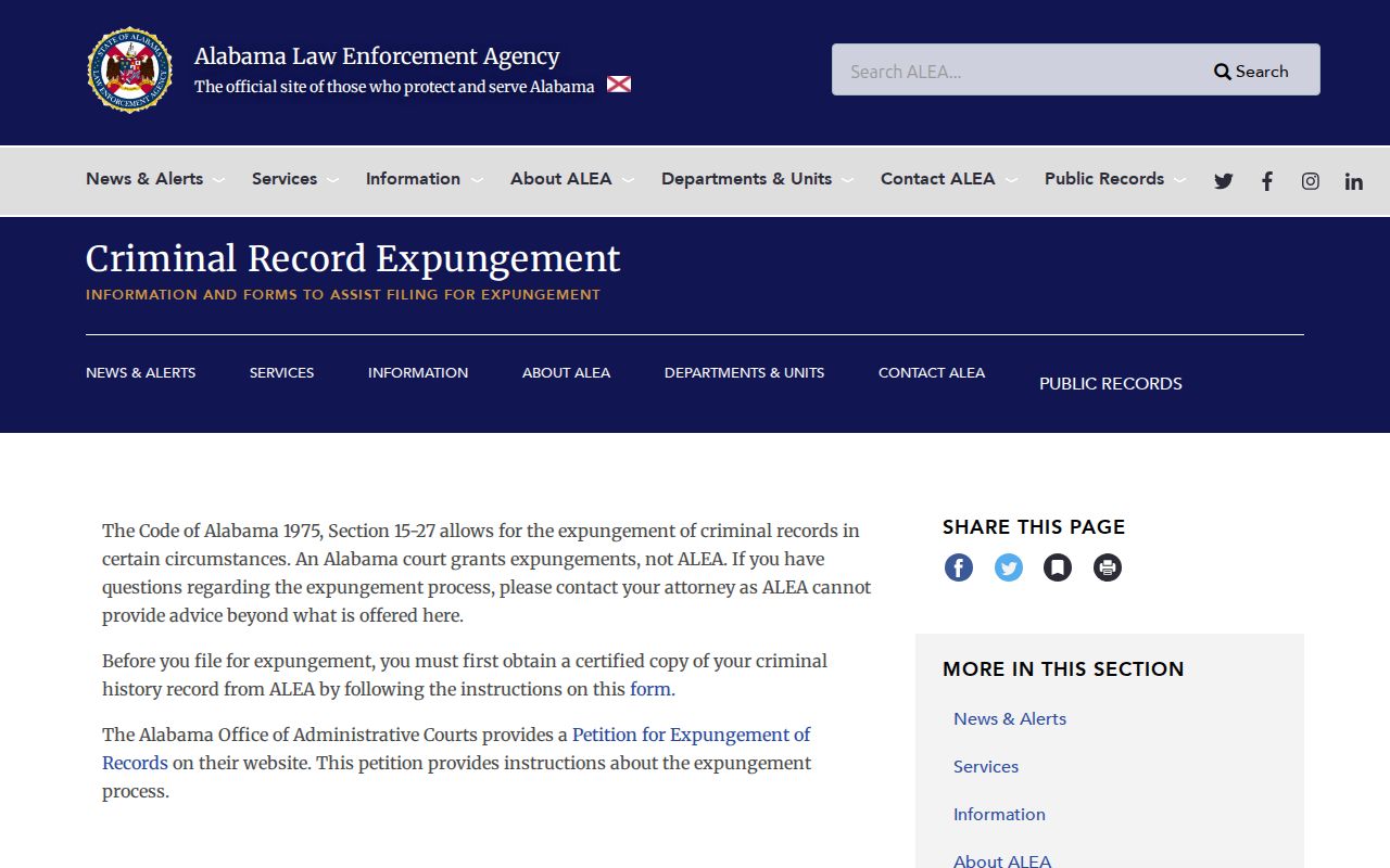 Alabama ALEA criminal record expungement page for Cherokee County record removal